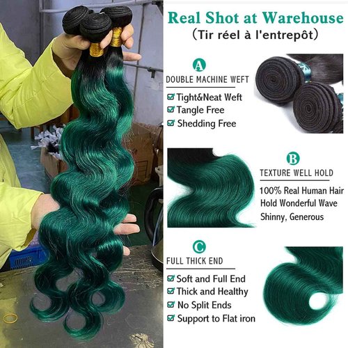 SEXAY Green Brazilian Ombre 1 Bundle 1B/green Color Body Wave Hair Bundles Unprocessed 12A Virgin Human Hair Bundles (22", Body 1B/Green)