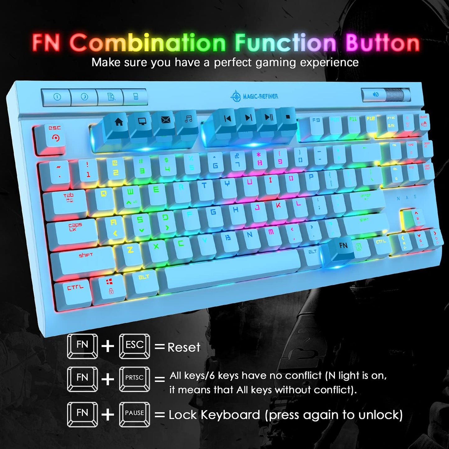 ZIYOU LANG Mechanical Gaming Keyboard, 87 Keys Chroma RGB LED Backlit, Blue Switch, USB-C, PC/Mac Compatible