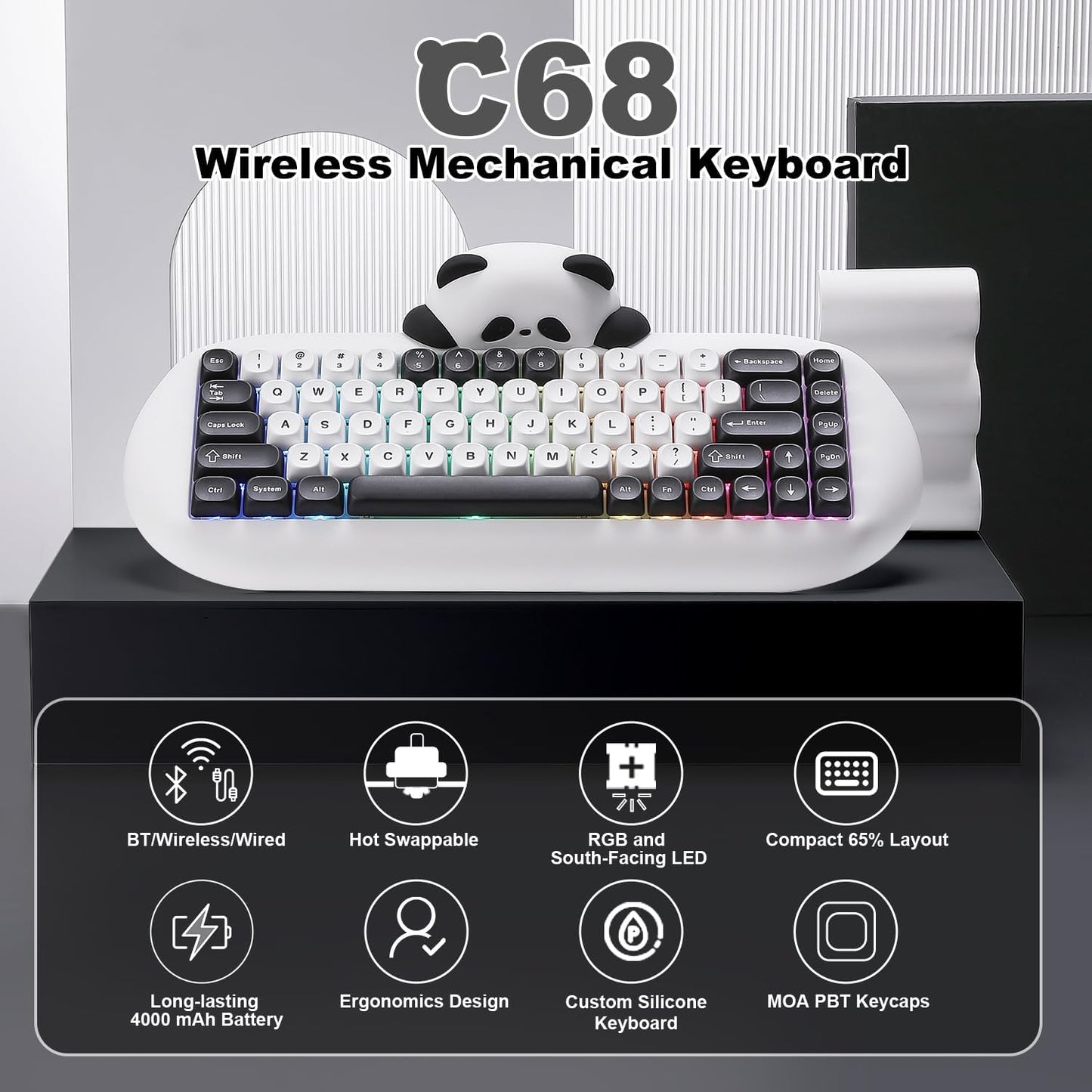 YUNZII C68 Wireless Mechanical Keyboard,65% Layout,Hot Swap,Triple Mode BT5.0/2.4G/Wired, RGB Backlit NKRO,Cute Cat Silicone Ergonomic Design for Win/Mac(Brown, Cocoa Cream V2 Switch)