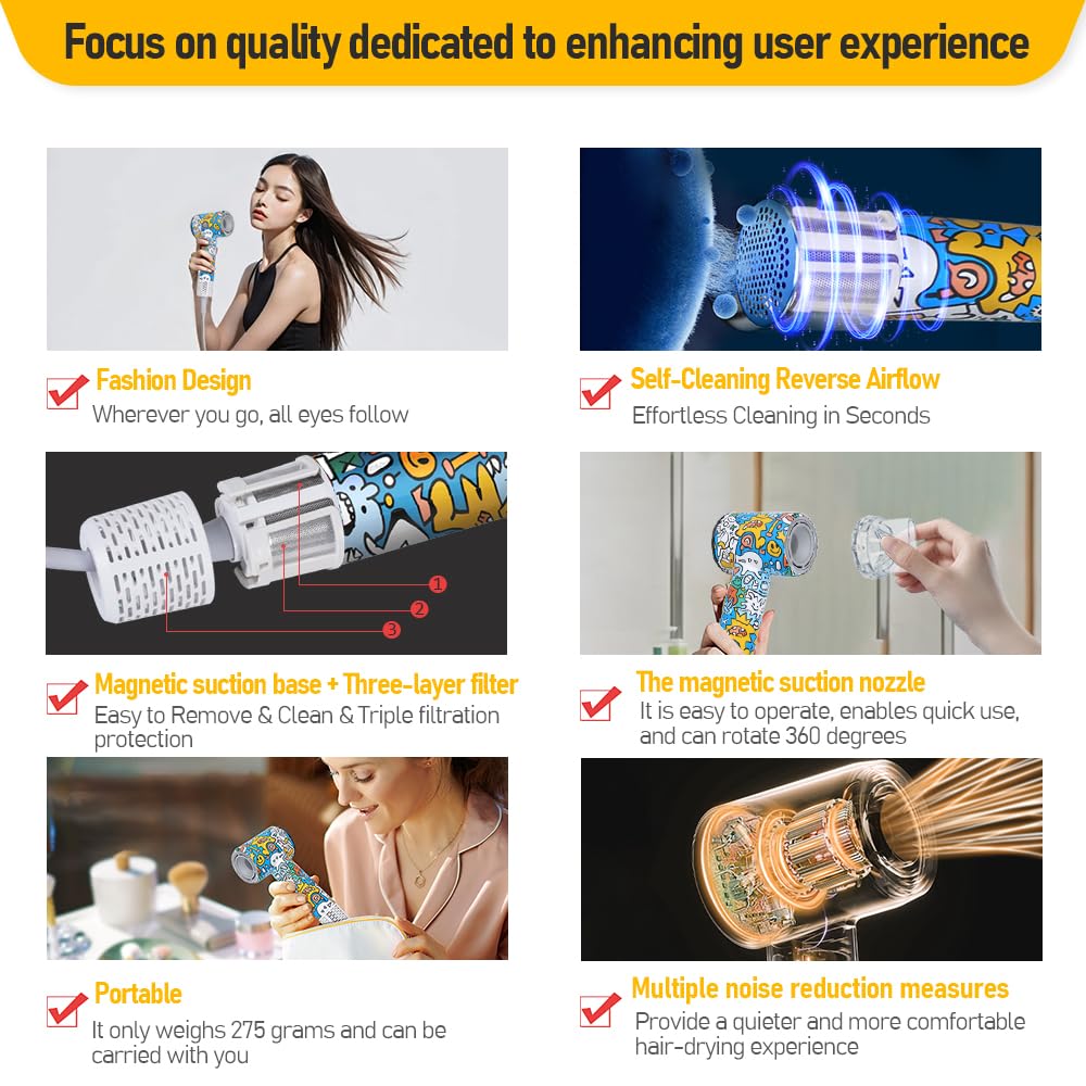 Professional lonic Hair Dryer - 275g Lightweight Travel Blow Dryer with Magnetic Suction Nozzle & Self-Cleaning Reverse Airflow, High-Speed Motor, HD LED Display, 51dB Quiet - Gift for Women/Men