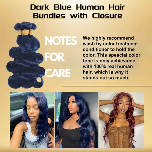 Dark Blue Body Wave Bundles with 4x4 HD Lace Closure, 100% Brazilian Virgin Human Hair, 12A Grade, Soft & Thick, Pre-Plucked Transparent Lace, Sew-In or Quick Weave, 10 12 14 Inch + 10 Inch Closure