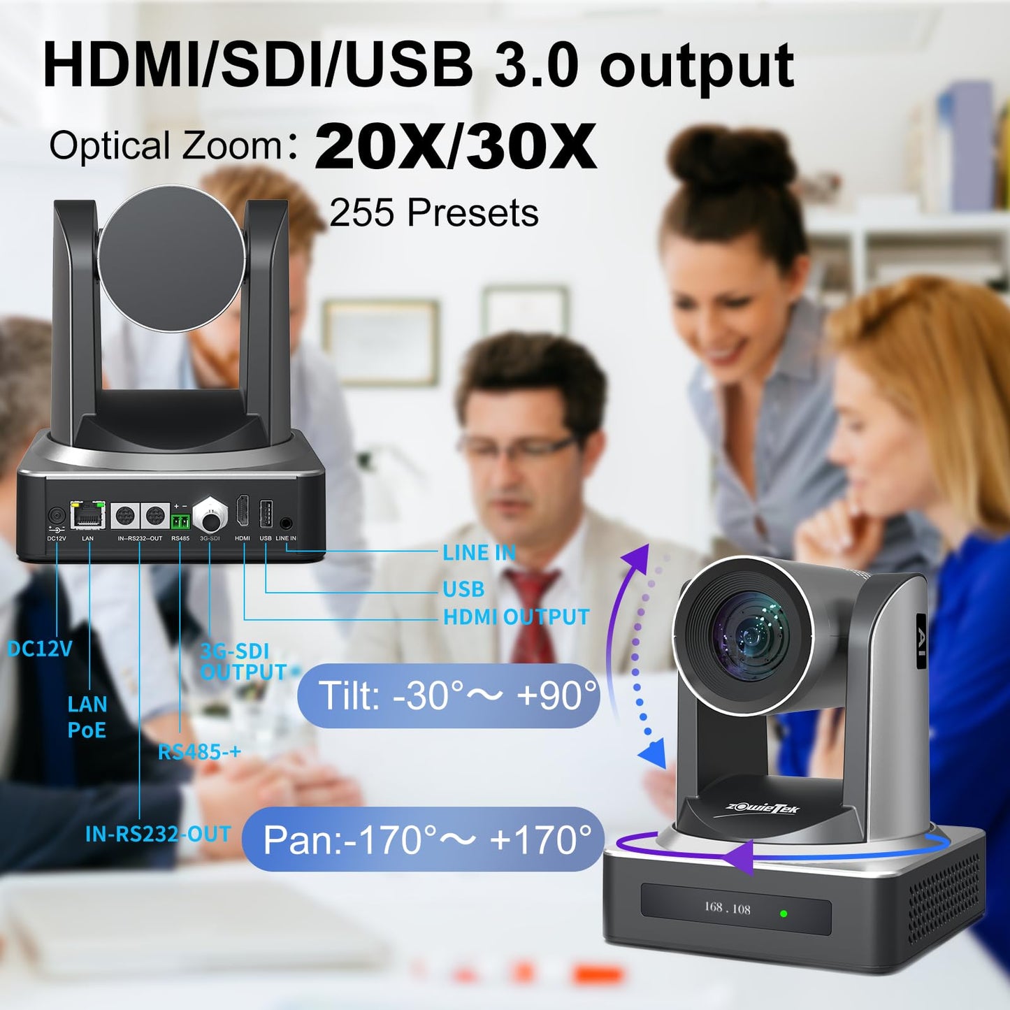 zowietek PTZ Camera, AI Auto Tracking 1080P60 PoE, 20X Optical Zoom, 3G-SDI HDMI USB3.0 LAN, Live Streaming for Church Meeting Education Sport Hospital Wedding