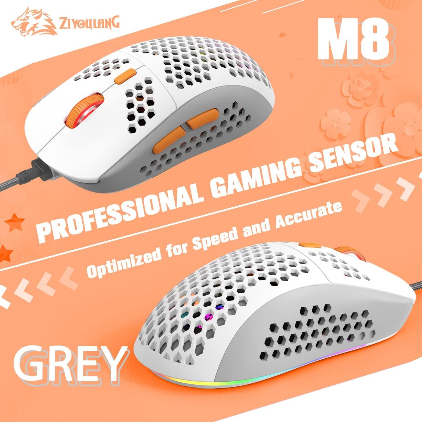 ZIYOU LANG Wired RGB Gaming Mouse,65G Lightweight Honeycomb Ultralight Mouse with High Precision Sensor 6400DPI,6 Button Programmable USB Gaming Mice,Precise Registration for PC Gamers Xbox PS4 Users