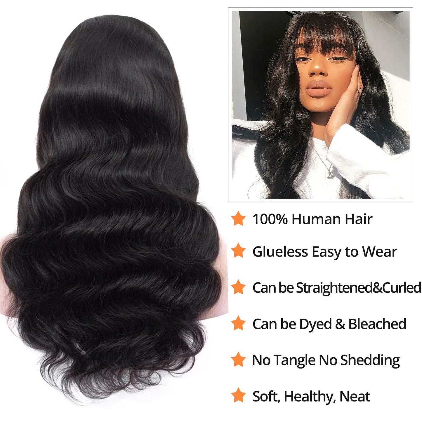 Lativ Human Hair Wigs with Bangs Body Wave Bang Wigs for Black Women Human Hair 150% Density Brazilian Glueless None Lace Front Wig Human Hair Natural Color(22 Inch, Body Wave)