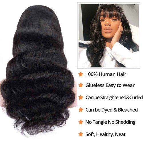 Lativ Human Hair Wigs with Bangs Body Wave Bang Wigs for Black Women Human Hair 150% Density Brazilian Glueless None Lace Front Wig Human Hair Natural Color(22 Inch, Body Wave)