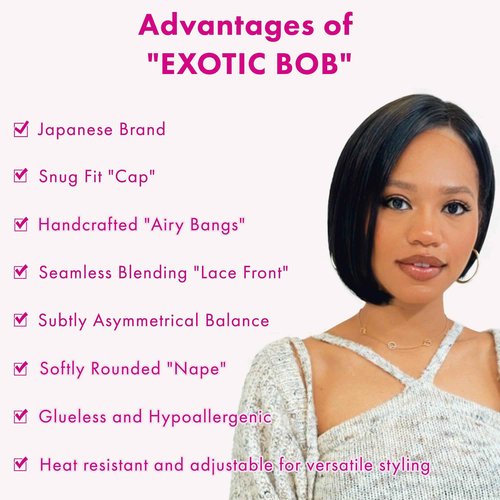 LINEASTORIA Exotic Bob Wig for Black Women - Snug Fit Cap, Handcrafted Airy Bangs, Seamless Lace Front, Asymmetrical, Rounded Nape, Glueless, Hypoallergenic, Heat Resistant (Natural Black)