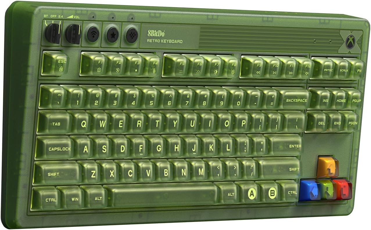 8Bitdo 87 Keys Retro Mechanical Keyboard Bluetooth/2.4G/USB-C, RGB Backlight, Hot Swappable, Dual Super Programmable Buttons, Volume Knob for PC and Android - Xbox Edition (Officially Licensed)