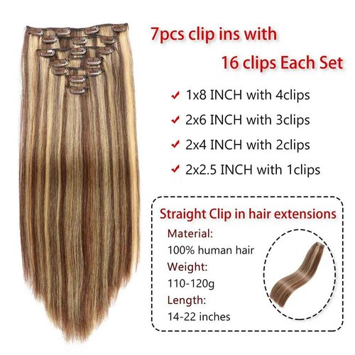 Houlud Straight Human Hair Clip in Extensions 22 Inch 120g 7pcs Clip in Hair Extensions Brazilian Remy Human Hair 16 Clips Double Weft Human Hair For Women (22 Inch, #4p/27 Medium Brown/Dark Blonde)