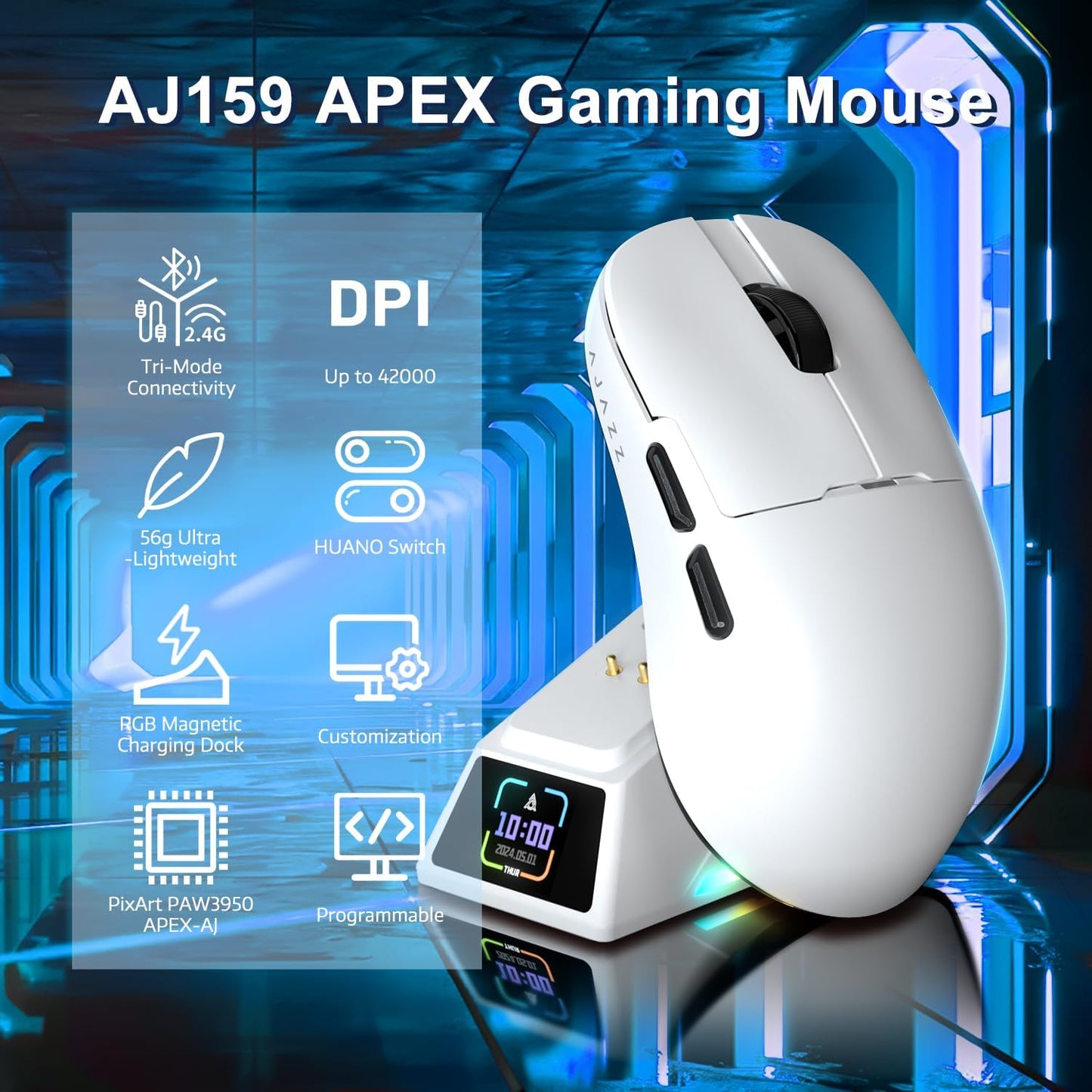 <font dir="auto" style="vertical-align: inherit;"><font dir="auto" style="vertical-align: inherit;"> AJAZZ AJ159 APEX 무선 게이밍 마우스 (자석 충전 베이스 포함, 56g 경량 BT/2.4G/USB-C 유선 마우스, PAW3950APEX 42K DPI 광학 센서, PC/Mac/Windows용 프로그래밍 가능 버튼, 블랙) </font></