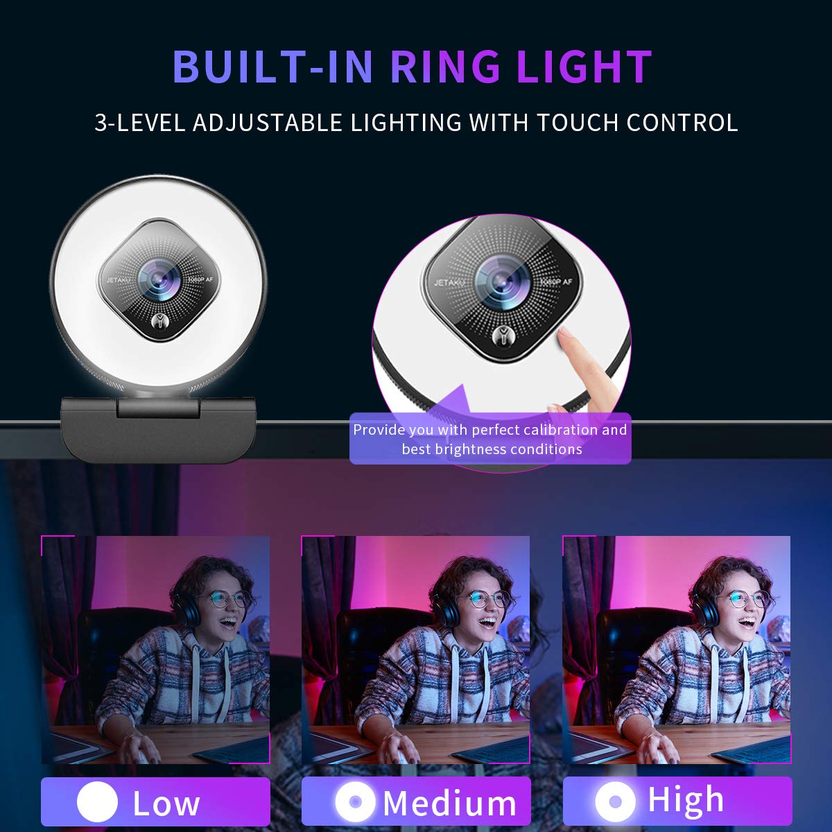1080P Webcam for PC with Ring Light and Dual Microphone, Auto-Focus Webcam for Streaming, Adjustable Brightness Web Cam, USB Webcam for Zoom Skype| YouTube | PC | Mac| Laptop Desktop
