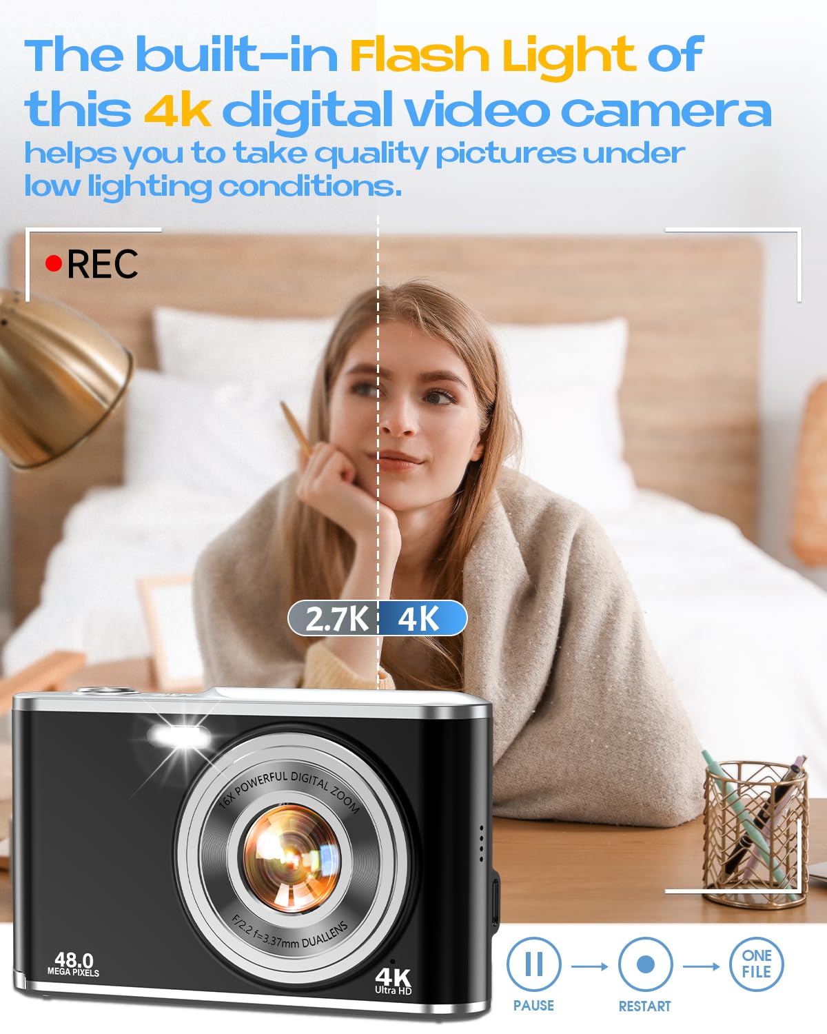 4K Digital Camera, Autofocus 48MP Vlogging Camera for Photography Compact Point and Shoot Digital with 16X Zoom, 32GB Card, 2.8" Screen, Anti-Shake(Black)