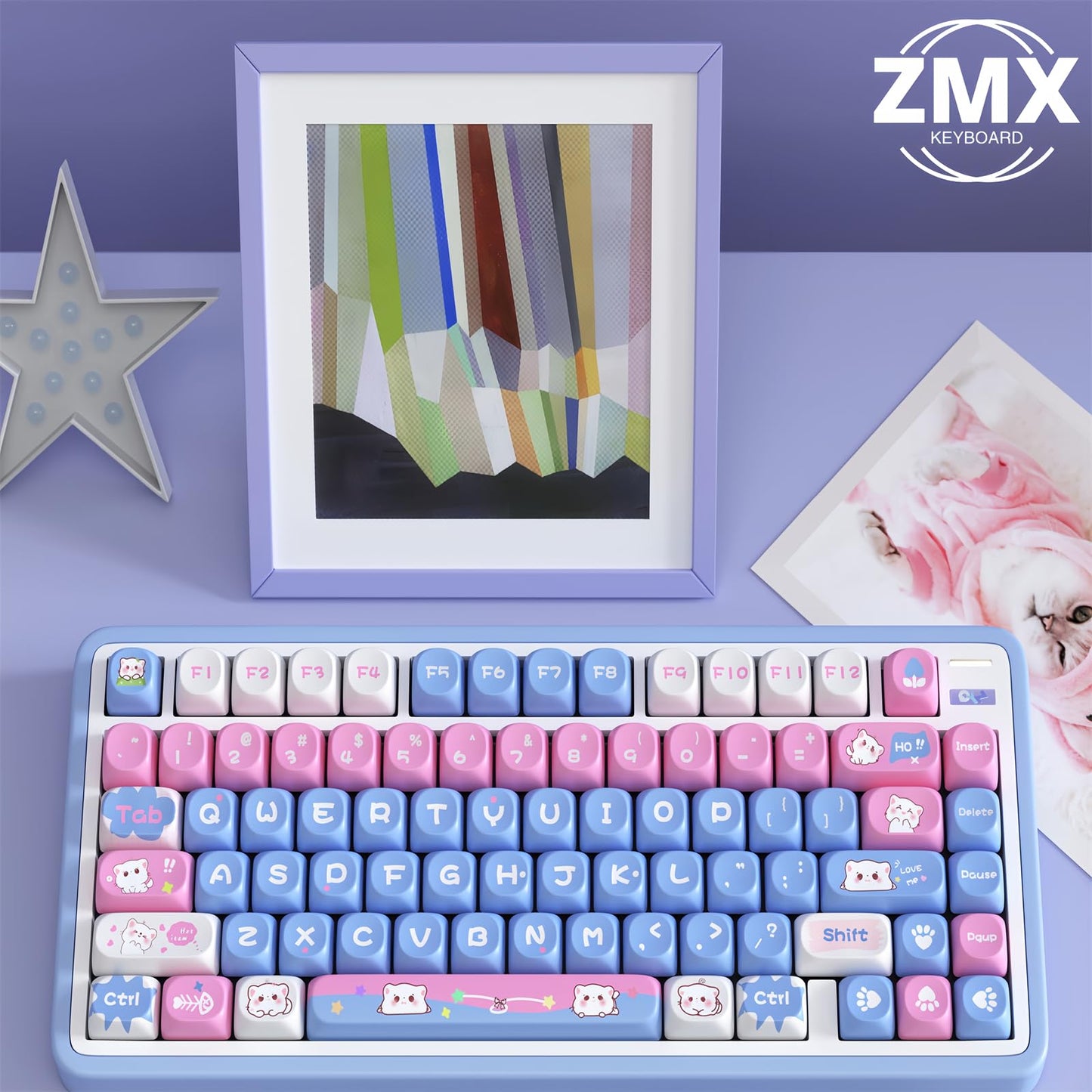 ZMX Cute Cat Keycaps,Kawaii PBT Dye-Sub Custom Keycaps SOA Profile 136 Keys Full Size Keycap Set for 60% 65% TKL Cherry MX Switch ANSI Layout Mechanical Gaming Keyboard Creamy Keycaps (02)
