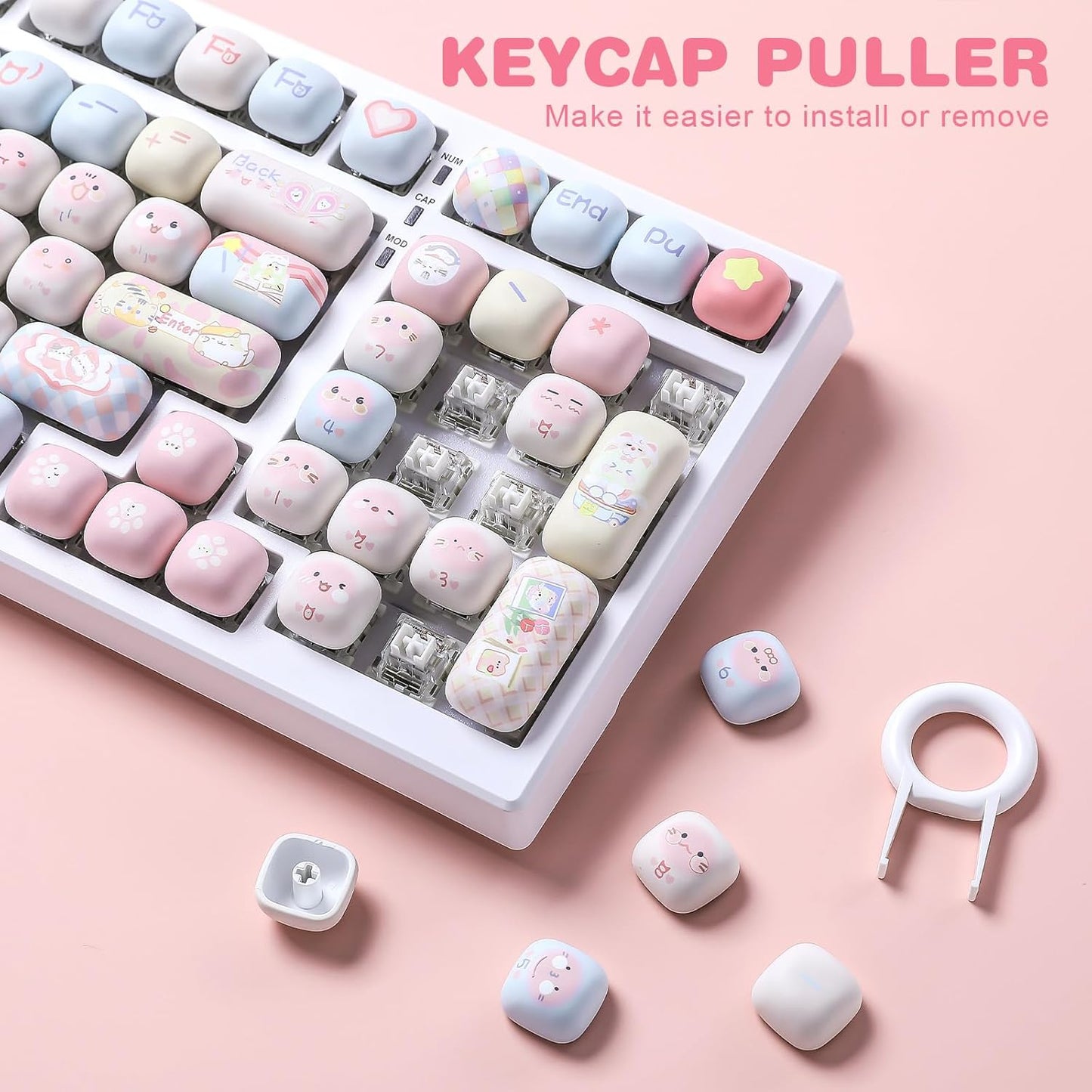 YUNZII Cute Pink Ice Cream Custom Keycaps, 138 Keys Dye Sub PBT MOG Profile Keycap Set for Mechanical Gaming Keyboards (Pink Ice Cream)
