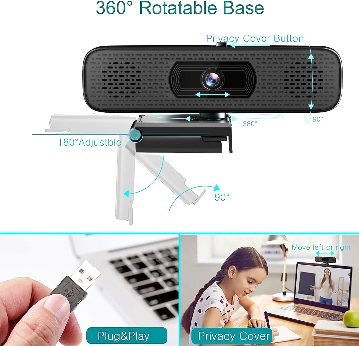 2K HD Webcam with 2 Speakers & Built-in Microphone for Computer Laptop,90 Degree View Angle Desktop USB Stream Camera with Privacy Cover for Conferencing Video Call/Network Teaching/YouTube/Skype