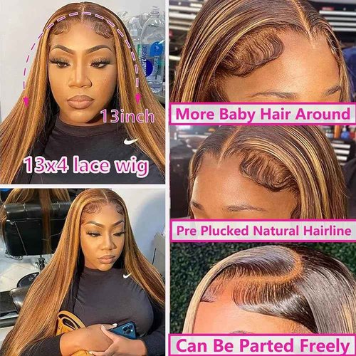 SIFULAN 13x4 Honey Blonde Lace Front Wig Human Hair 180 Density 24 Inch Highlight Ombre Straight HD Transparent Lace Pre Plucked Human Hair Wigs for Women P4/27 Color