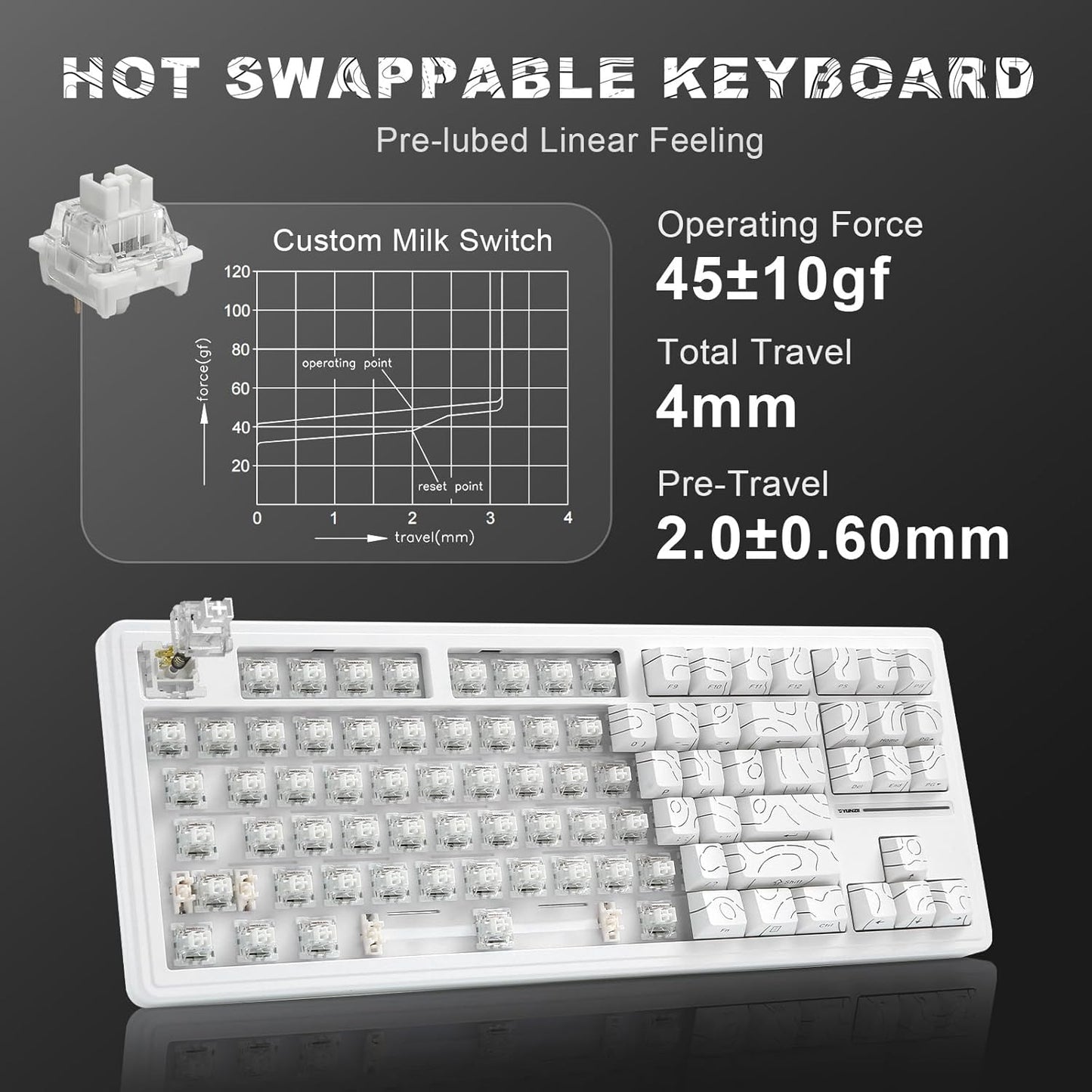 YUNZII YZ87 Gasket Mechanical Keyboard,TKL Wireless Hot Swappable with 5-Layer Padding, BT5.0/2.4G/USB-C NKRO RGB Backlit for Win/Mac(White, Milk Switch)