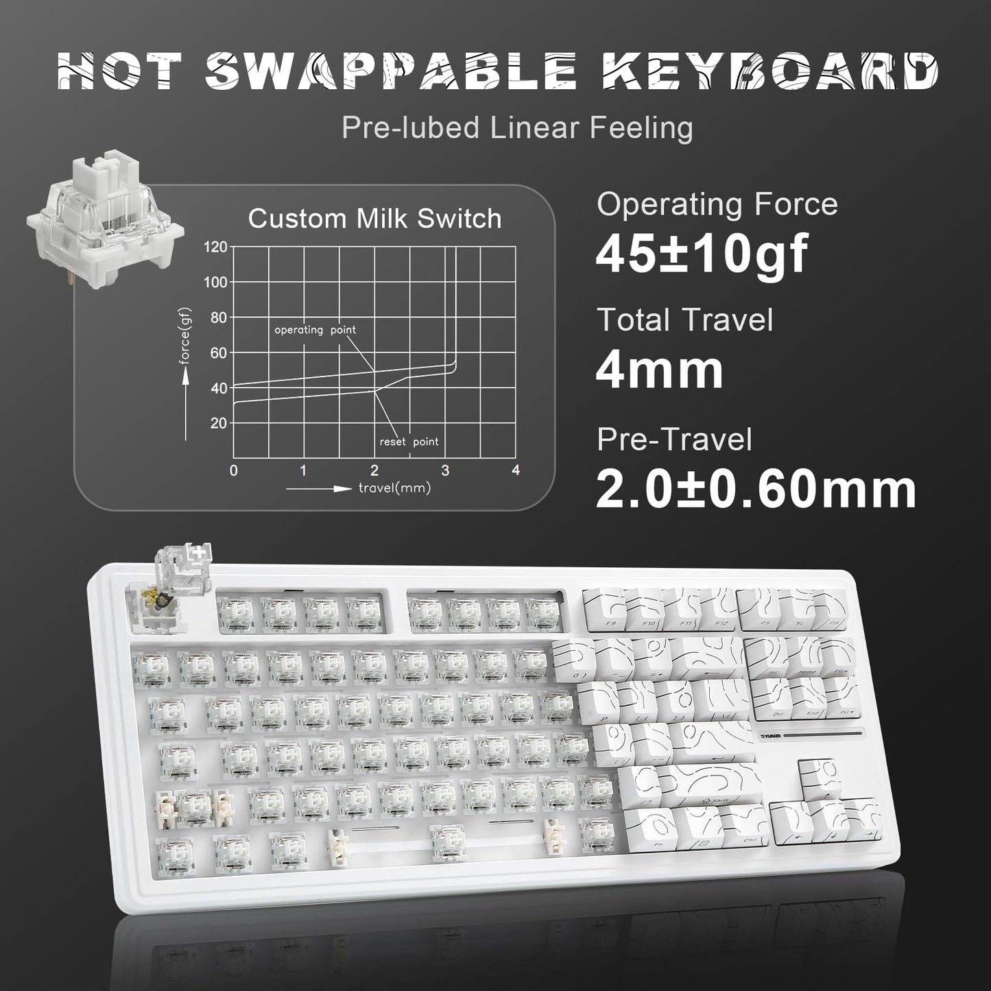 YUNZII YZ87 Gasket Mechanical Keyboard,TKL Wireless Hot Swappable with 5-Layer Padding, BT5.0/2.4G/USB-C NKRO RGB Backlit for Win/Mac(White Line, Milk Switch)