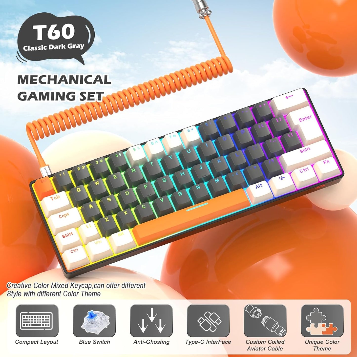 ZIYOU LANG RK-T60 Wired Mechanical Gaming Keyboard Mini Portable with Rainbow Backlit 62Key ABS Keycaps Full Anti-Ghosting Ergonomic Design Coiled Aviator Cable for PS4/PC/WIN Gamer(Blue/Red Switch)