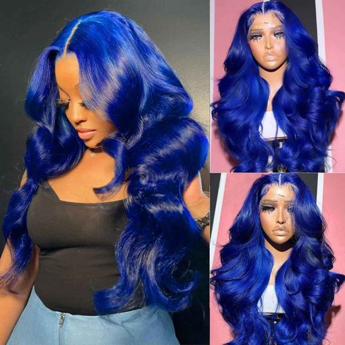 RUOXUAN Blue 9x6 Body Wave Lace Front Wigs Human Hair Pre Plucked With Baby Hair 200% Density Dark Blue Human Hair Pre Cut For Women HD Transparent Lace Frontal Colored Wigs 20 Inch