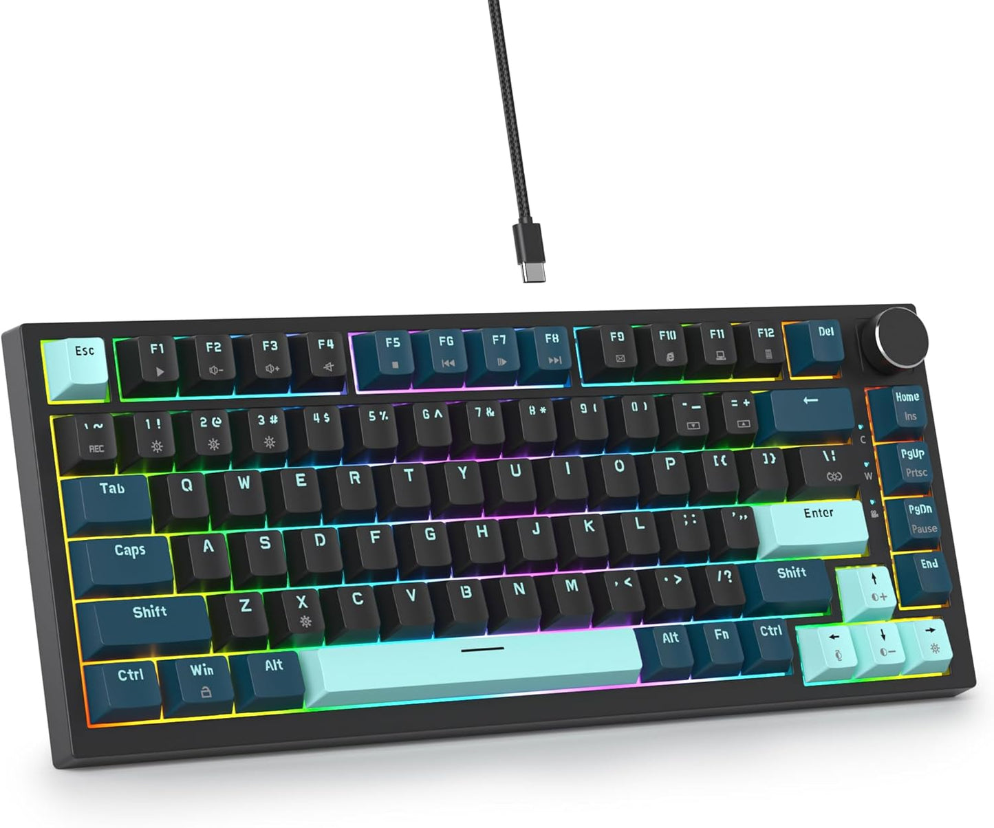 75 Percent Keyboard Gasket-Mounted with Sound Absorbing Pads, 82-Key Compact Wired RGB Mechanical Gaming Keyboard Hot-Swap Socket for Win, Blue Earth