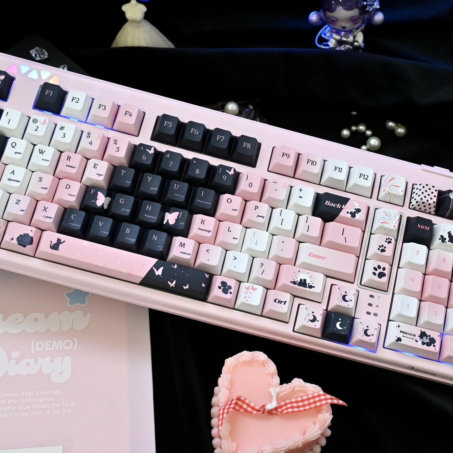 ZMX GMK104 Full Size Mechanical Keyboard Kit with Black & Pink Cute Cat Keycaps Set