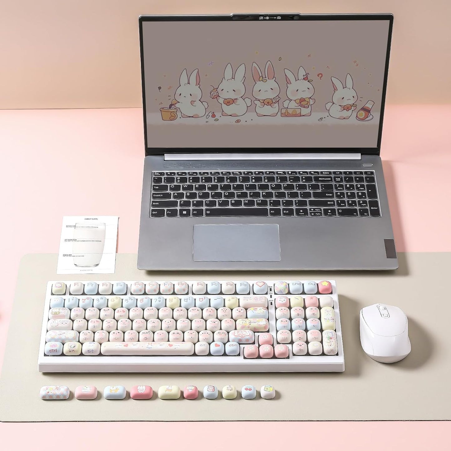 YUNZII Cute Pink Ice Cream Custom Keycaps, 138 Keys Dye Sub PBT MOG Profile Keycap Set for Mechanical Gaming Keyboards (Pink Ice Cream)
