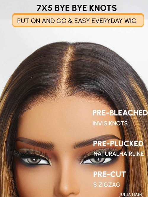 Julia Hair 12 Inch Brown Piano Highlight Blunt Bob Wig With Dark Roots Put on and Go Silky Straight Bob Wigs 7x5 HD Bye Bye Knots Lace Invisible Knots Short Wig Pre Plucked Pre Cut Natural Looking