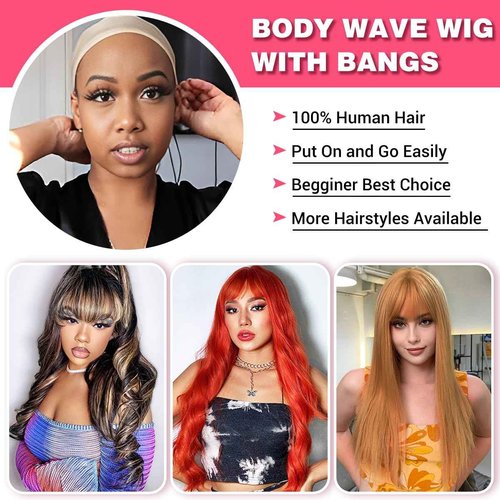 Rebecca Fashion 20 Inch Body Wave Wig with Bangs Human Hair Wigs for Black Women None Lace Front Wigs 10A Brazilian Virgin Hair Glueless Machine Made Wig Highlight Brown Blonde Color