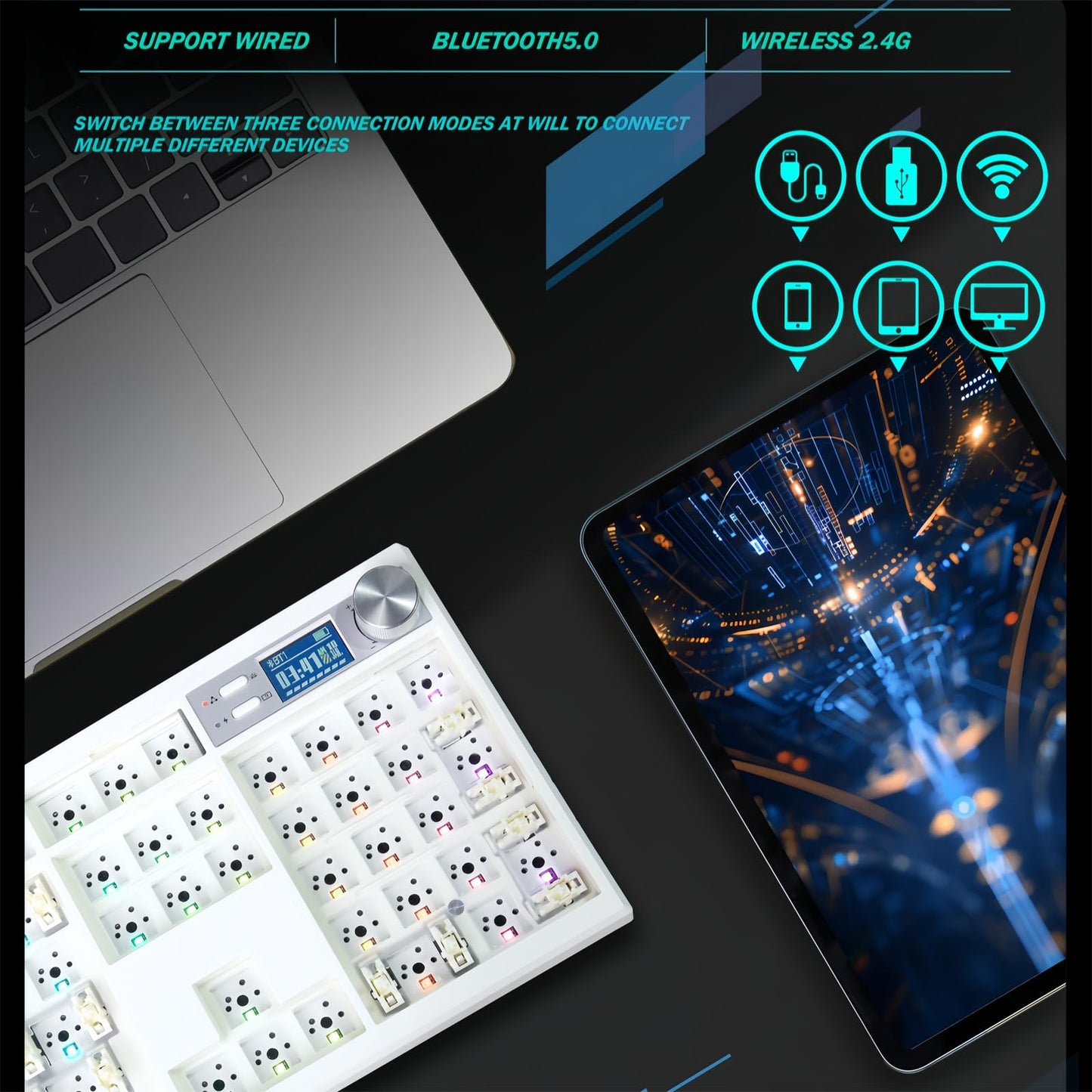 ZMX GMK104 Mechanical Keyboard Kit with Screen&Knob,VIA Programmable Hot Swap Gasket Mounted PCB Custom RGB Barebones Keyboard Wireless BT5.0/2.4GHz/USB-C Wired Full Size Gaming DIY Kit (White)