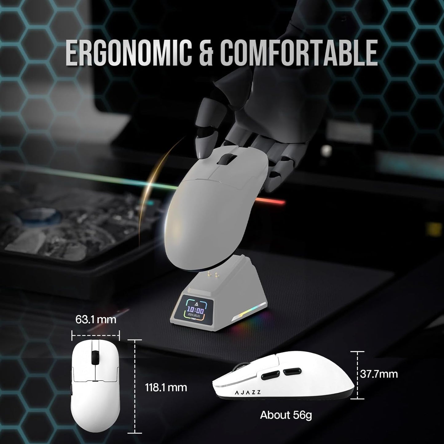 AJ159 APEX Wireless Mouse, Lightweight Gaming Mice, with Magnetic Charging Design and Display Screen, 42000 DPI, PAW3950 Sensor, BT/2.4G/Wired Connection, 400mAh Battery (Black)