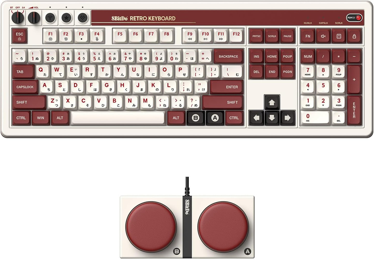 8BitDo Retro 108 Mechanical Keyboard with 108 Keys and Integrated Numpad, Bluetooth/2.4G/USB-C Hot Swappable Wireless Gaming Keyboard for Windows and Android - Fami Edition
