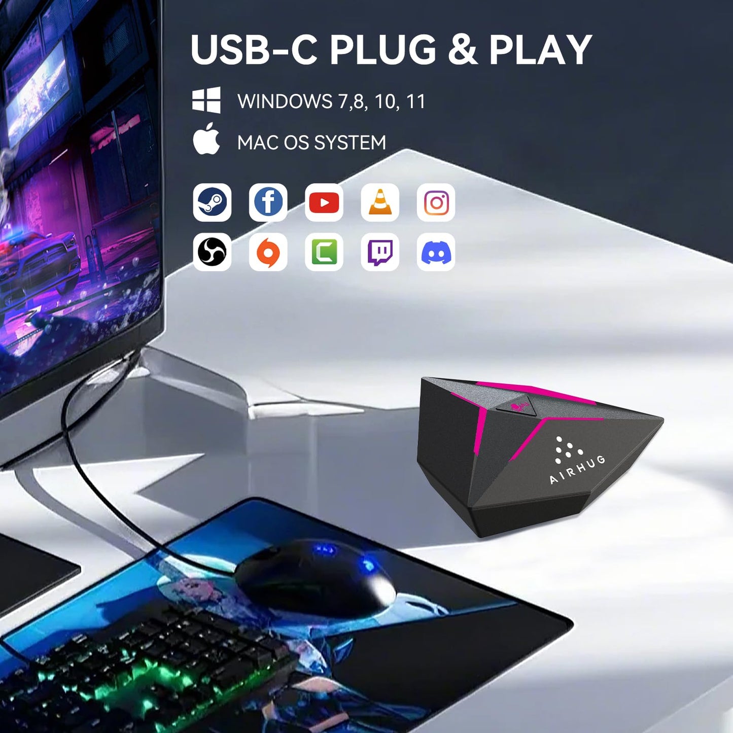 AIRHUG USB Gaming Microphone, One-Touch Mute Button with LED Indicator, AI Noise Reduction, Condenser Microphone for PC, Plug & Play Omnidirectional for Streaming, Twitch, Discord, Mac, Laptop