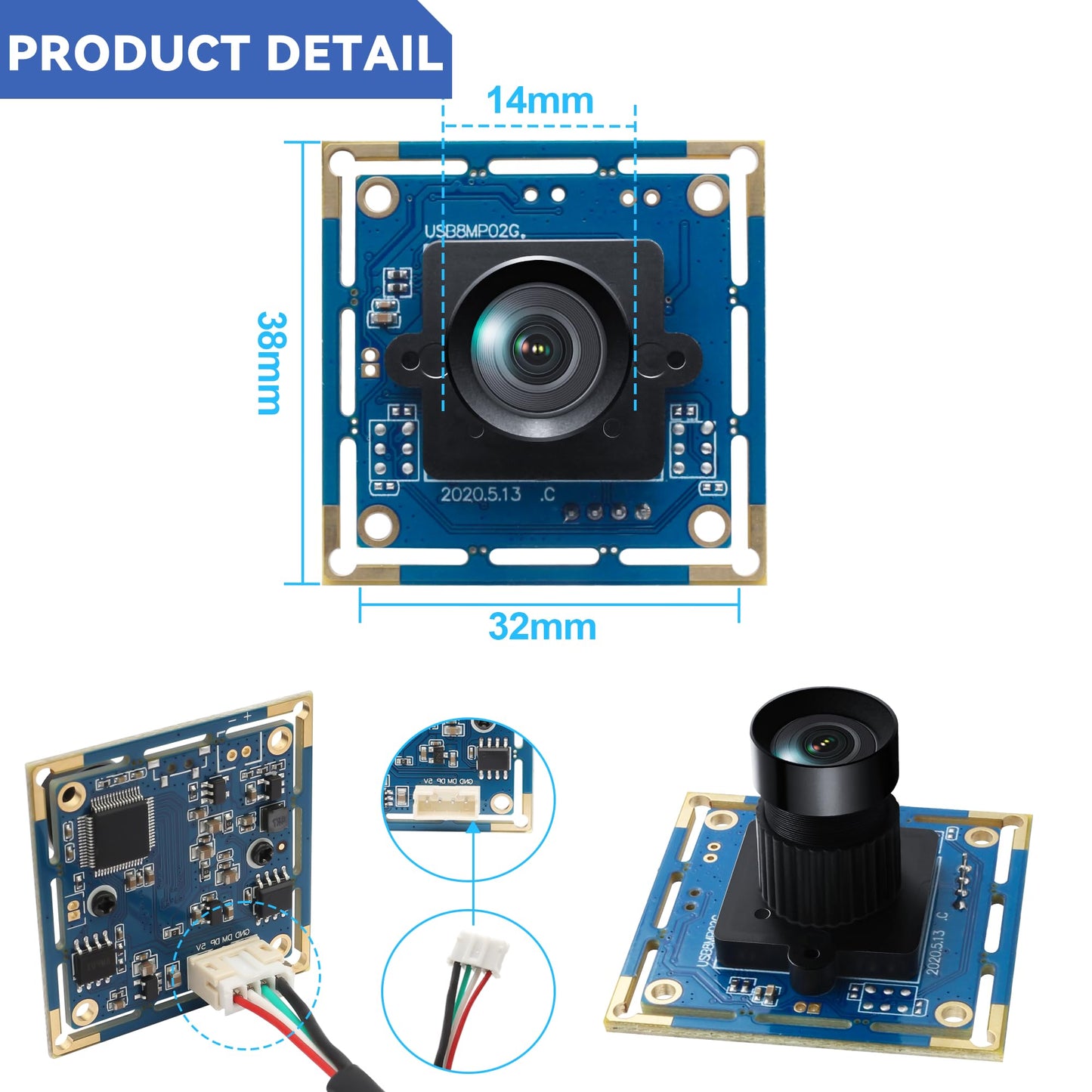 ALPCAM USB Camera Module 8MP No Distortion 75 Degree Lens Full HD 2448P Webcam,UVC Compliant Webcam for Windows/Linux/Mac,Embedded Camera for Industrial,Robot,3D Printer