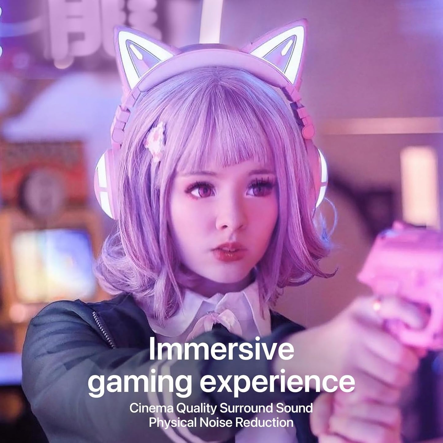 YOWU Cat Ear Headphones 3G, RGB Wireless/Wired 5.0 Foldable Gaming Headset with 7.1 Surround Sound, Built-in Mic & Customizable Lighting and Effect via APP(White)