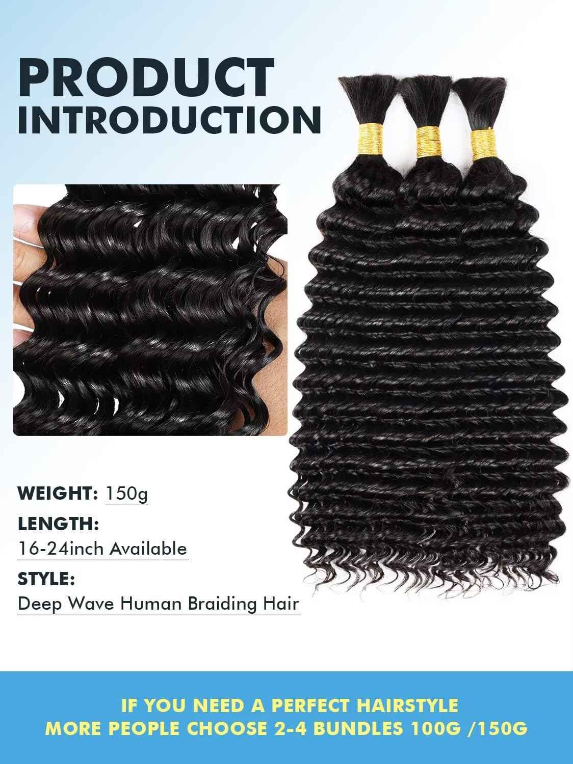 Human Braiding Hair for Boho Braids 150g 18 Inch Natural Black Curly Boho Hair for Braiding Knotless 12A Deep Wave Bulk Bohemian 3 Bundles/Pack Color 1B