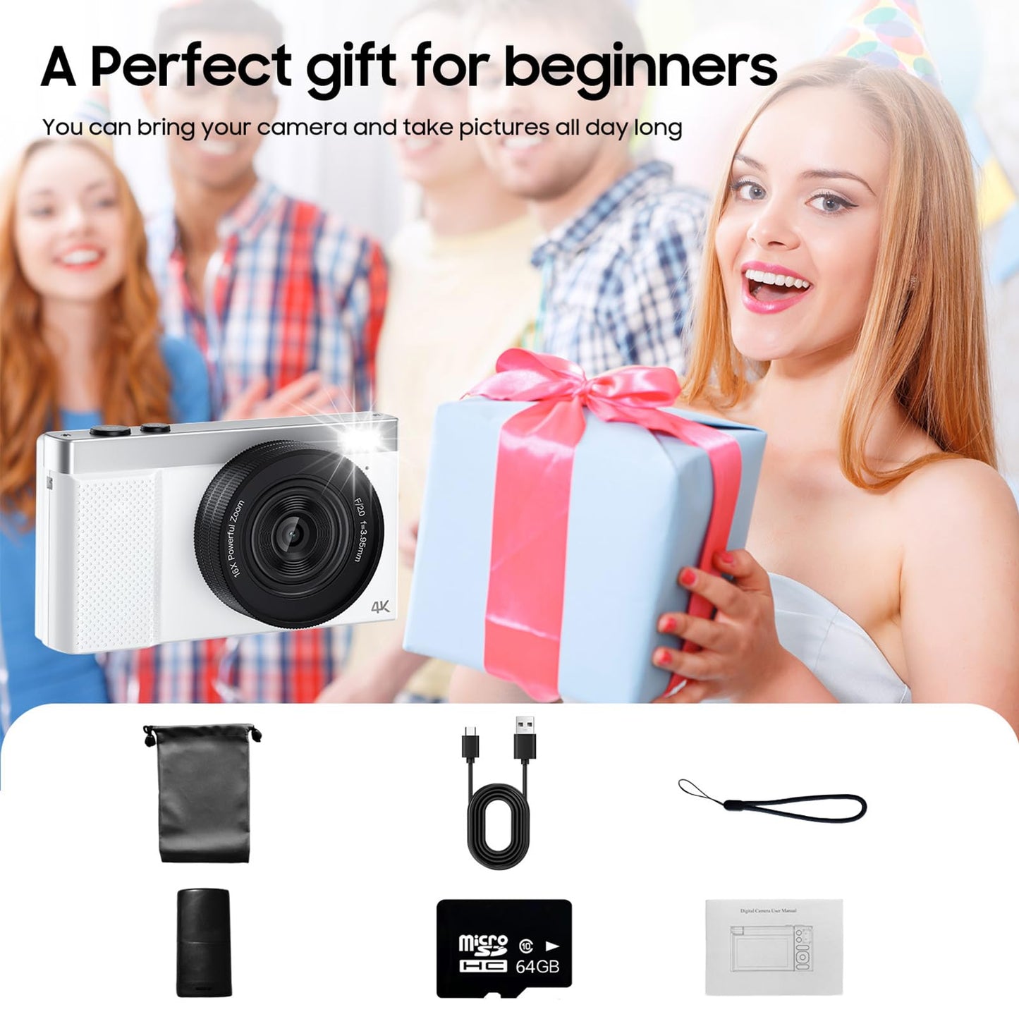 4K Digital Camera, 64MP Vlogging Camera for Photography with 3" 180° Flip Screen, 16X Digital Zoom Point and Shoot Camara with 64GB Micro SD Card for Beginner (White)