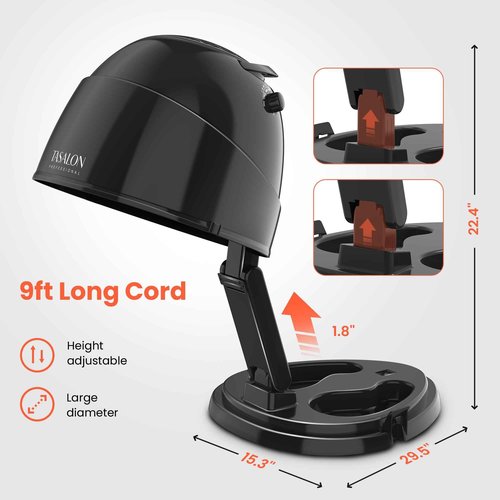 TASALON Portable Hooded Hair Dryer Bonnet, 1875W Height Adjustable Salon Home Hair Dryer with Hood, 3 Heating Settings - Black