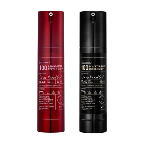 VT COSMETICS Red Booster Reedle Shot 100 & Black Truffle Reedle Shot 100, Spicule Microneedling Serum, Exosome Serum for Smooth & Glass Skin, Korean Skin Booster