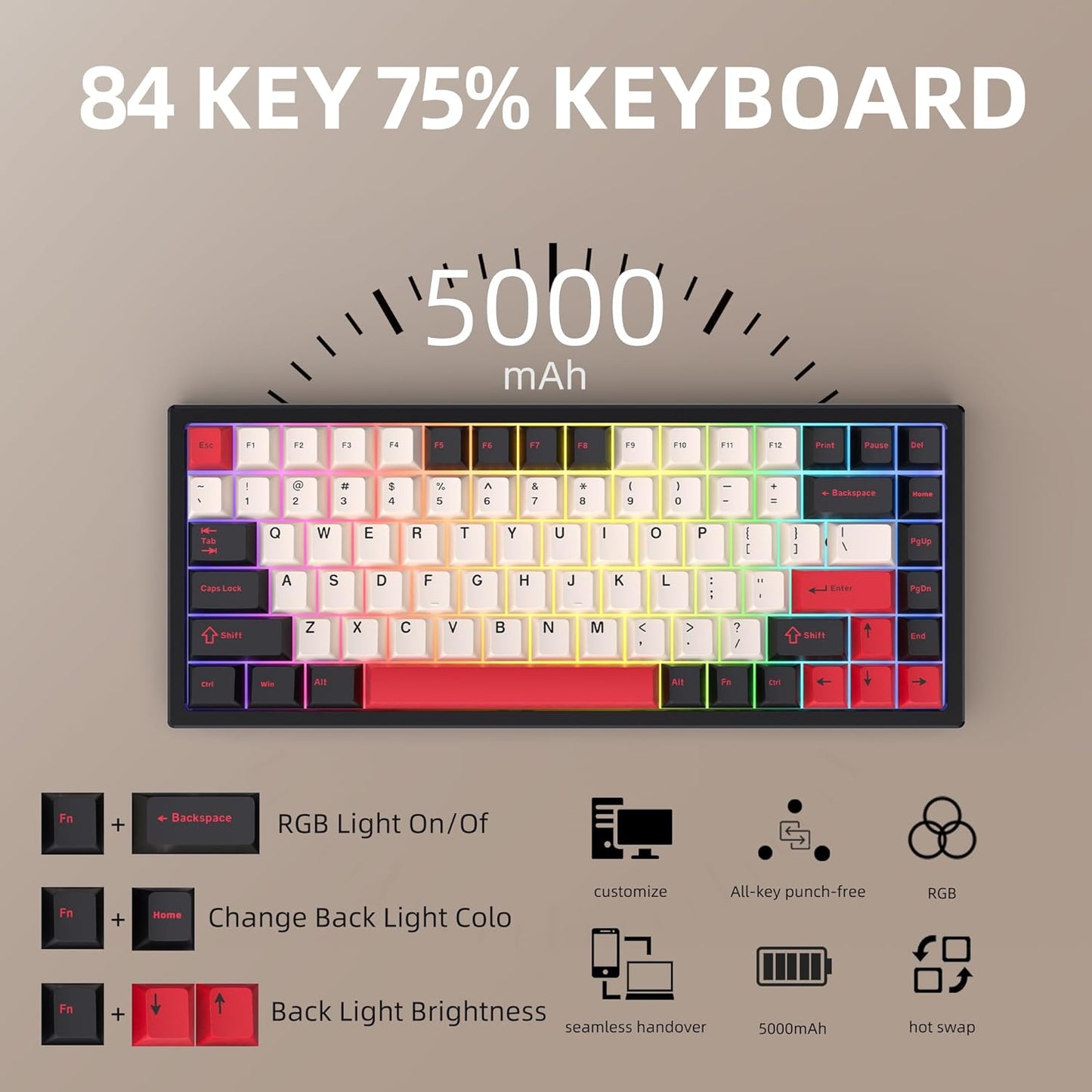 75% Wireless Gaming Keyboard RGB Triple Mode Hot Swappable Mechanical Keyboards PBT Keys Gasket Creamy Custom Keybad Quiet White Switch for Win/MAC