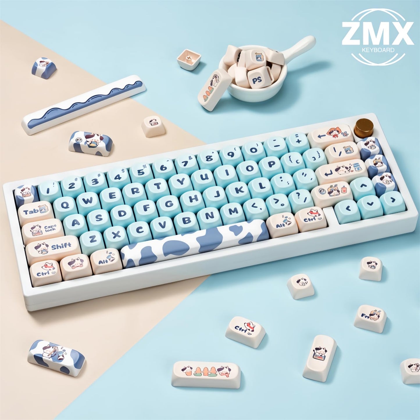ZMX Cute MOA Keycaps,Kawaii Milk-Cow Round Keycap Custom Full Size Keycap Set Dye-Sub Thick PBT Key Cap for Cherry MX Switch 75% 60% Mechanical Gaming Keyboard Creamy Keycaps (142Keys)