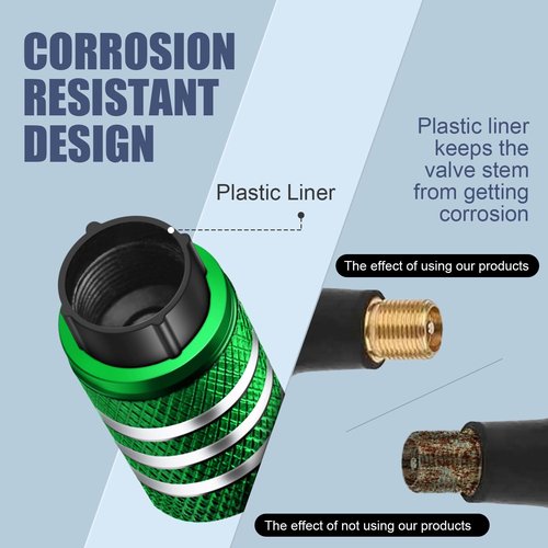 Tire Valve Stem Caps Cover - (5 Pack) Tire Air Cap N2 Nitrogen Metal with Plastic Liner Corrosion Resistant Leak-Proof for Car Truck Motorcycle Bike Green
