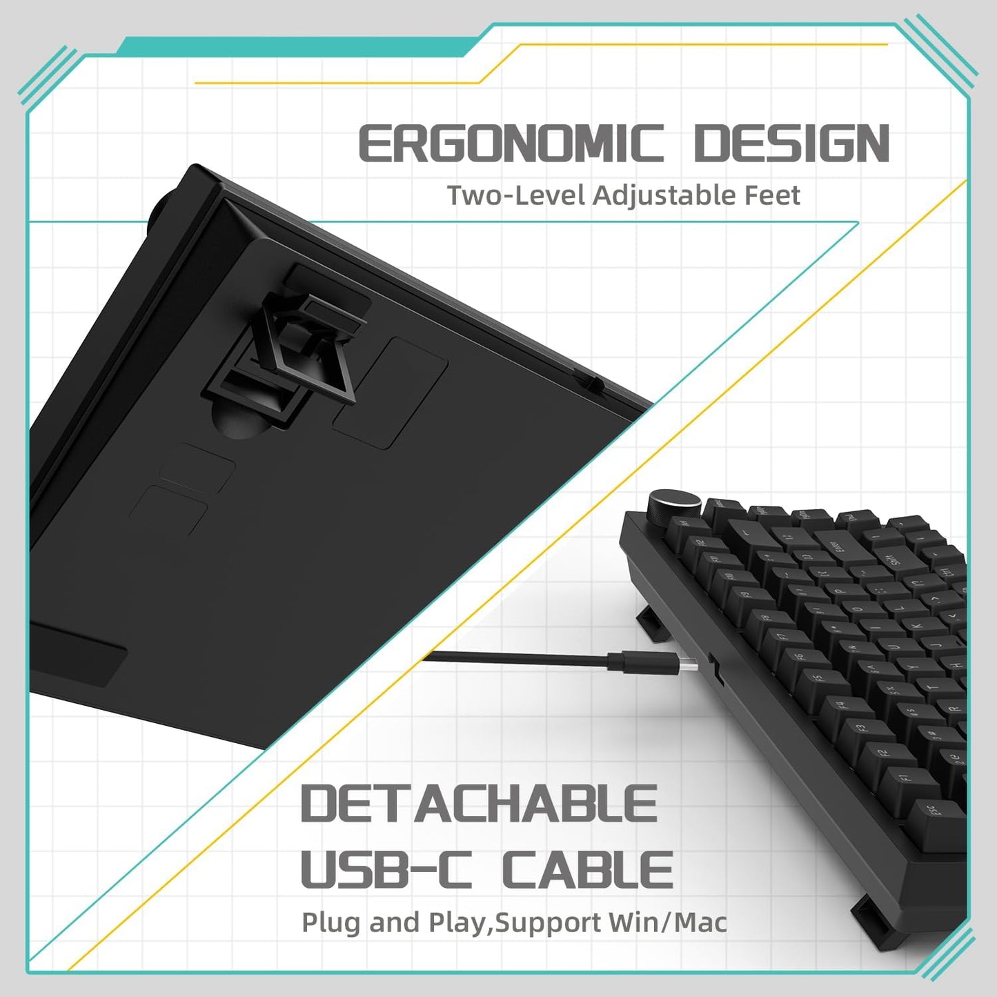 Attack Shark ajazz AK820 Wired Mechanical Gaming Keyboard with Volume Knob Hot Swappable 75% Gasket Keyboard 5-Layer Noise Absorbing Foam PBT Keycap Ice Blue Backlit Blue Switch for PC/Win/Mac-White