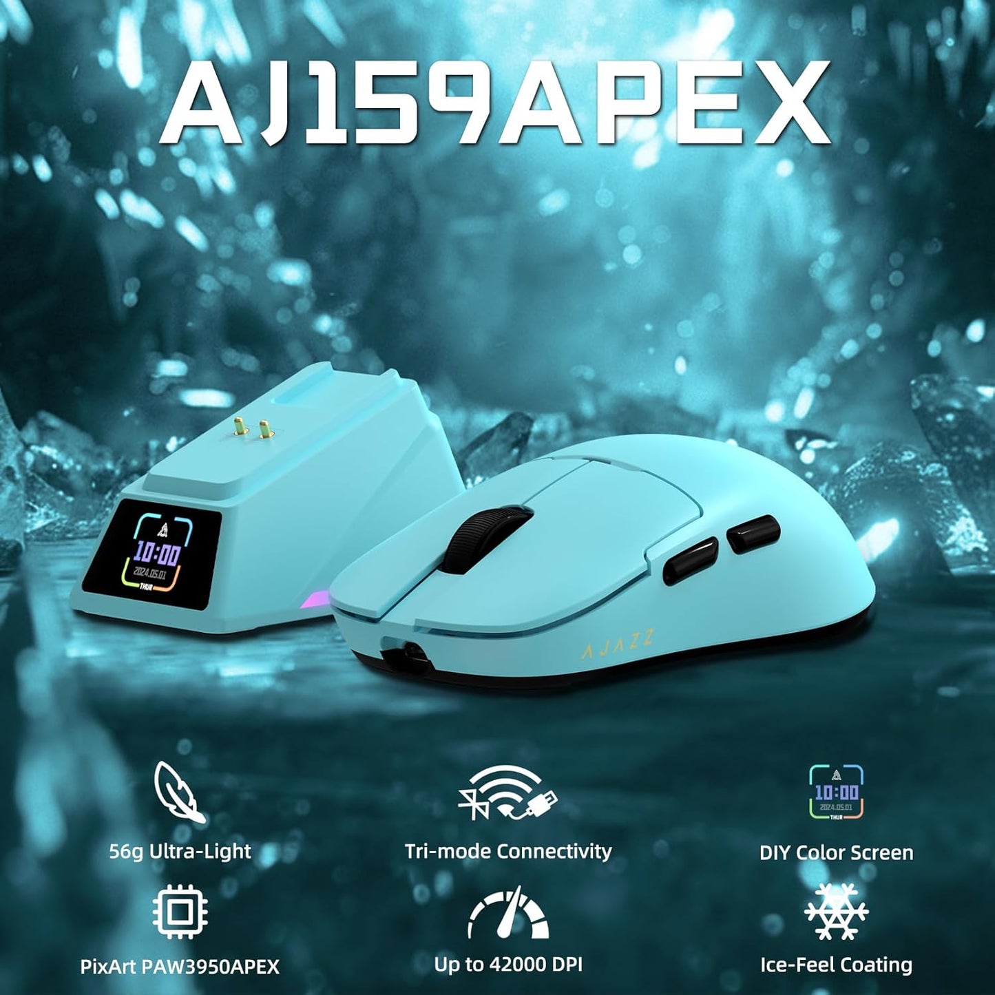 <font dir="auto" style="vertical-align: inherit;"><font dir="auto" style="vertical-align: inherit;"> AJAZZ AJ159 APEX 무선 게이밍 마우스 (자석 충전 베이스 포함, 56g 경량 BT/2.4G/USB-C 유선 마우스, PAW3950APEX 42K DPI 광학 센서, PC/Mac/Windows용 프로그래밍 가능 버튼, 블랙) </font></