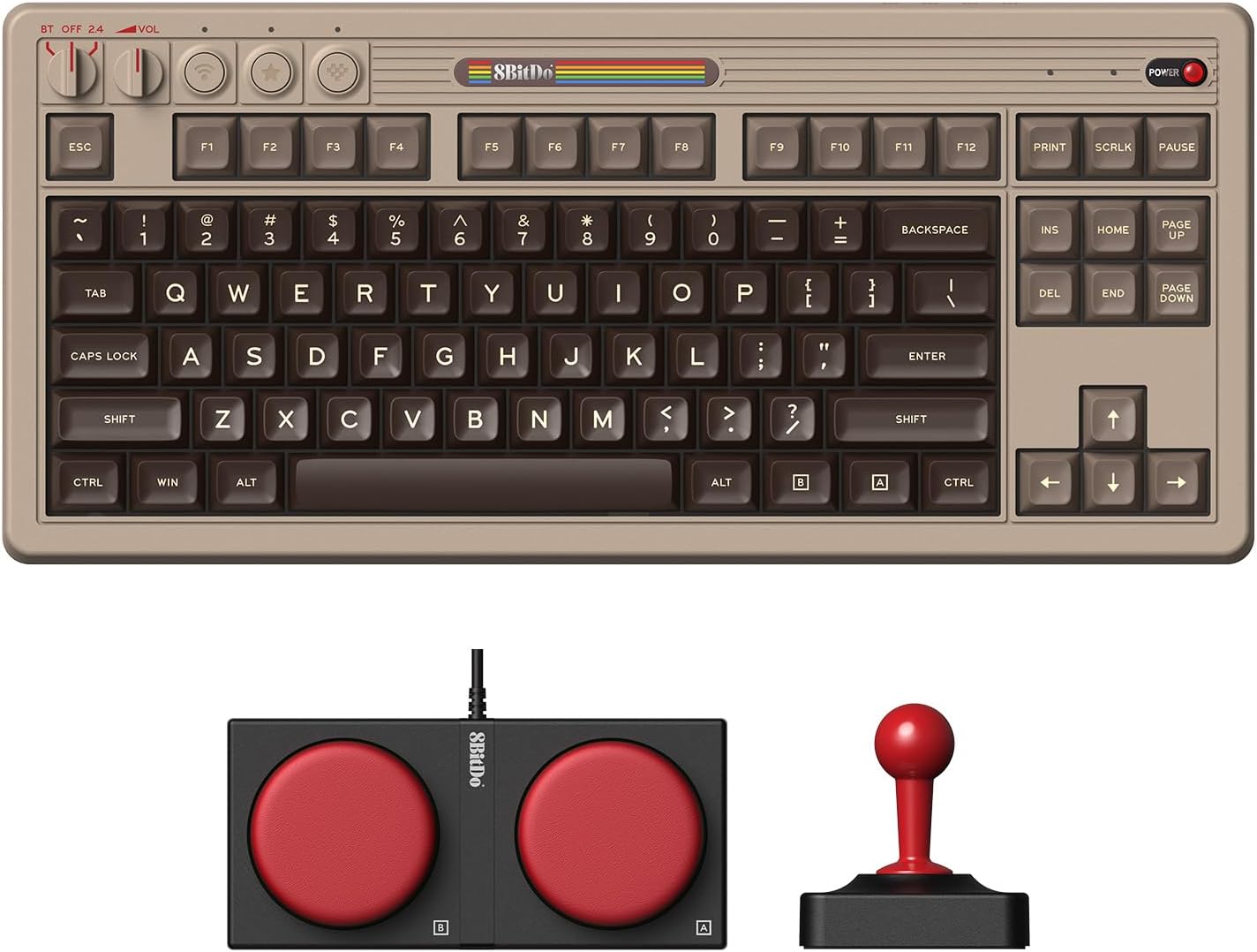 8Bitdo 87 Keys Retro Mechanical Keyboard, Bluetooth/2.4G/USB-C Hot Swappable Gaming Keyboard with Dual Super Programmable Buttons and Super Stick, Volume knob for Windows and Android - C64 Edition