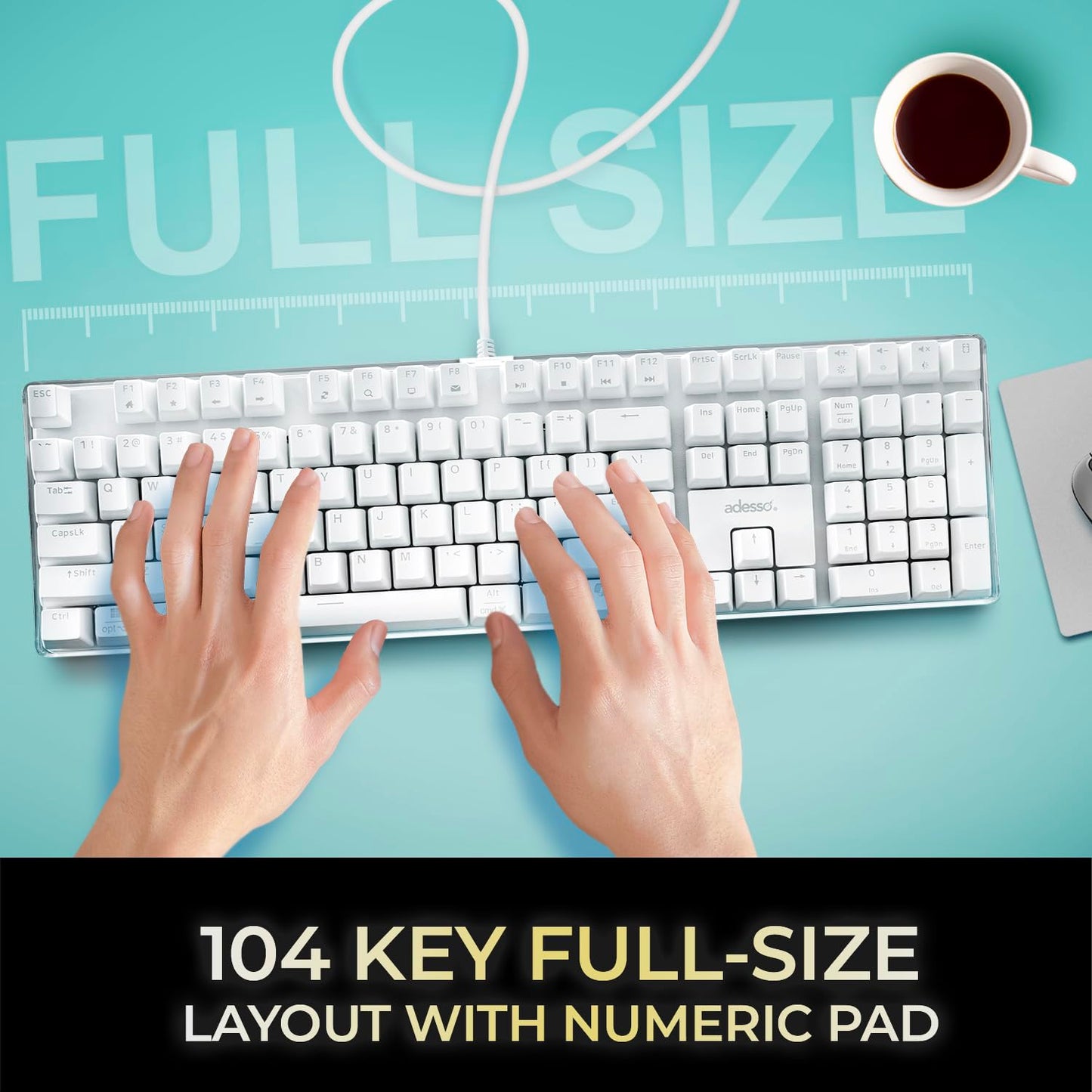 ADESSO AKB-680UW Mechanical Keyboard with Copilot AI Hotkey - Brown Switch, Multi-OS Compatible | Enhanced Productivity with Tactile and Quiet Feel and Multimedia Keys, White