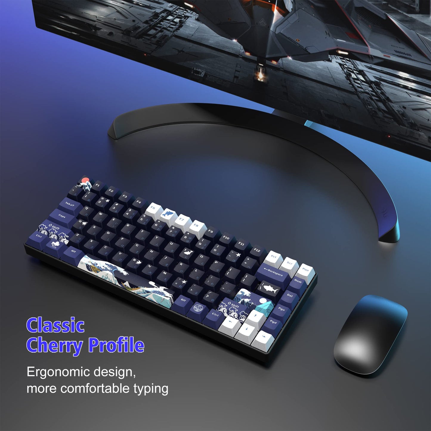 XVX PBT Keycaps - 132 Keys, Great Wave Off Kanagawa Japanese Keyboard Set, 5 Side Dye-Sub Custom Keycaps, Cherry Profile for Cherry/Gateron MX Switches