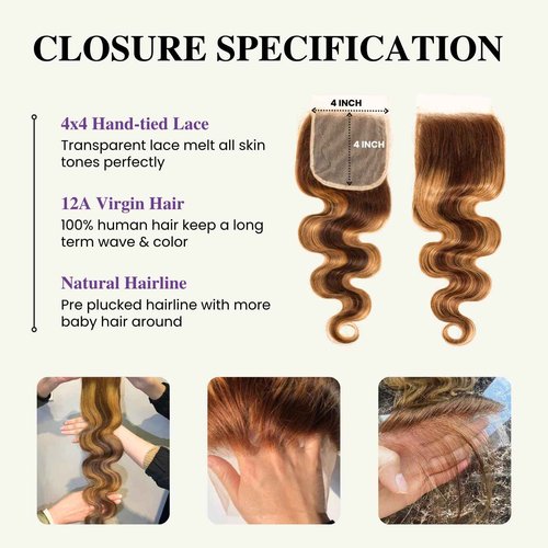 AUROO Highlight Body Wave Closure Honey Blonde Ombre 4x4 Closure Human Hair 18 inch, Transparent Lace Closure Frontal Pre Plucked with Baby Hair Brazilian 12A Unprocessed Virgin Remy 4/27 Wavy Closure