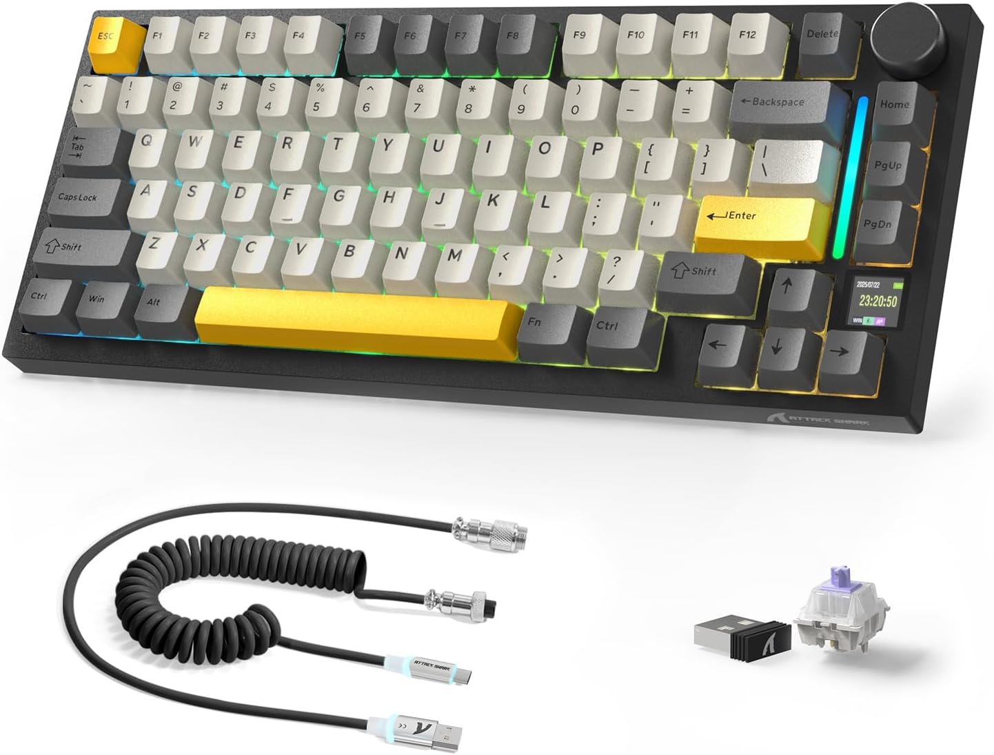 Attack Shark ajazz AK820 Pro 75% Mechanical Keyboard and Coiled Cable Hot Swappable Wireless 2.4GHz/Bluetooth/Wired TFT Screen & Knob Flying Fish Switch RGB Gasket Mount Custom Keyboard-Black