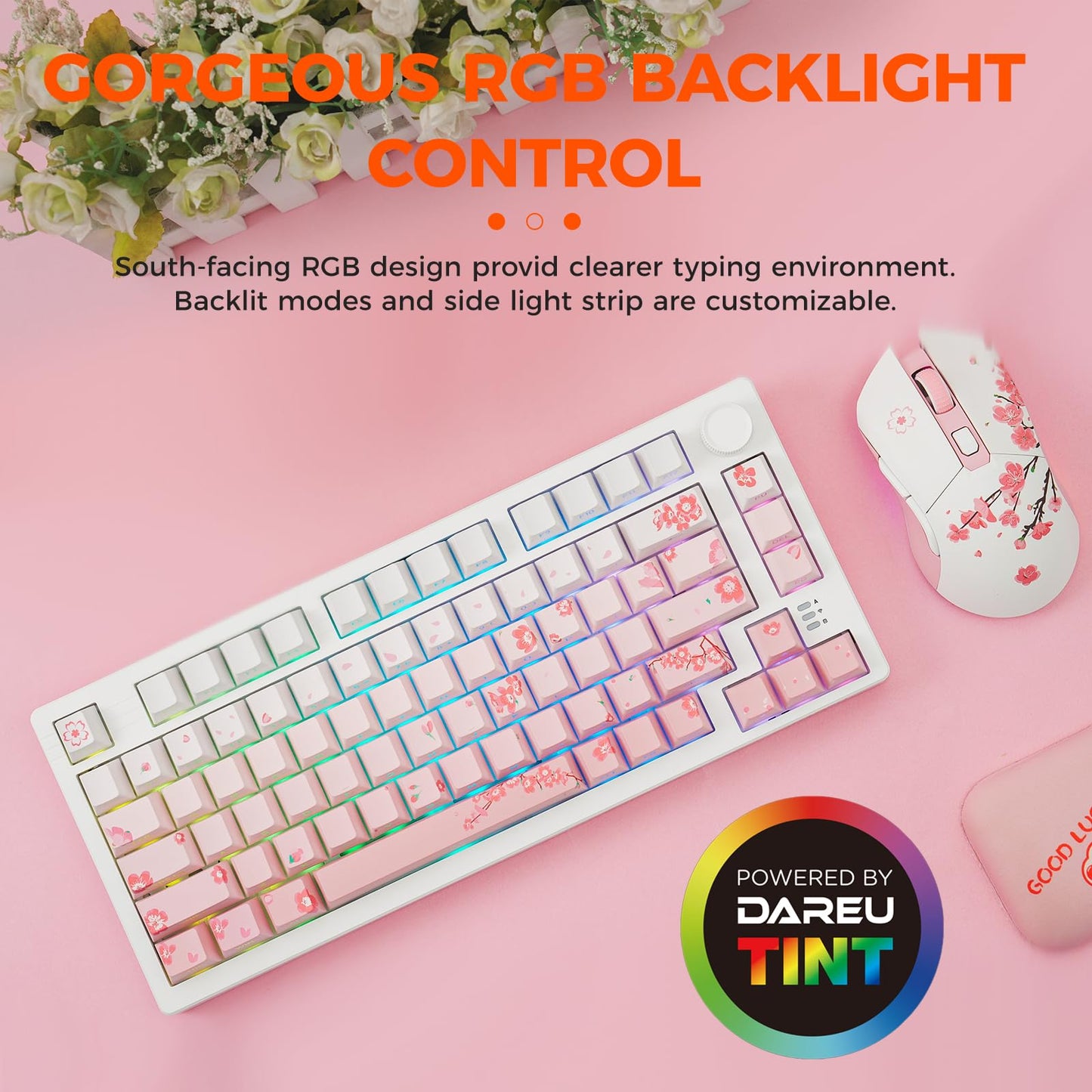 DAREU EK75PRO Sakura Pink Wireless Mechanical Keyboard,75% Hot Swap Creamy Gaming Keyboard with Knob,RGB Backlit,Gasket Custom Structure,Side Printed PBT Keycaps,2.4Ghz/BT5.1/USB-C, for Win/MAC