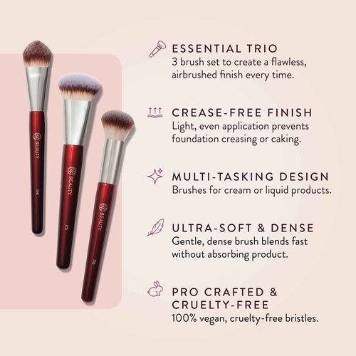BK Beauty Core Complexion Trio Makeup Brushes Set (3PC) – Foundation, Concealer, and Blending Brushes for Liquid, Cream & Powder – Vegan, Cruelty-Free, Ultra-Soft Face Makeup Brushes